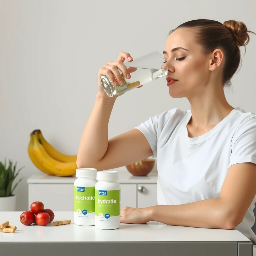 Pessoa hidratando-se com água e suplementos